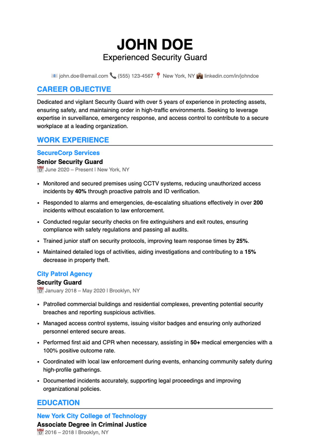 Professional entry level security guard resume with work experience and skills_variant_2